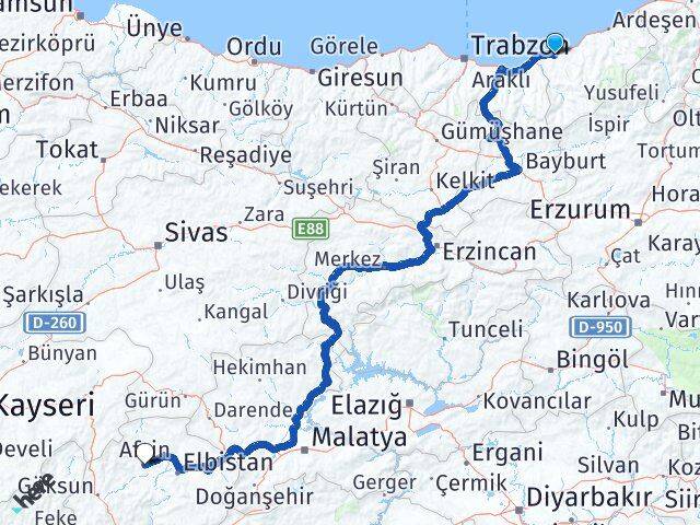 Rize Afşin Kahramanmaraş Arası Kaç Km - Yol Haritası