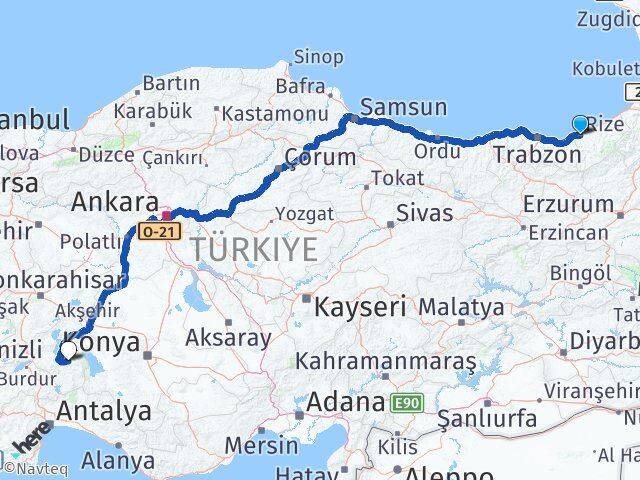Rize Aksu Isparta Arası Kaç Km - Yol Haritası