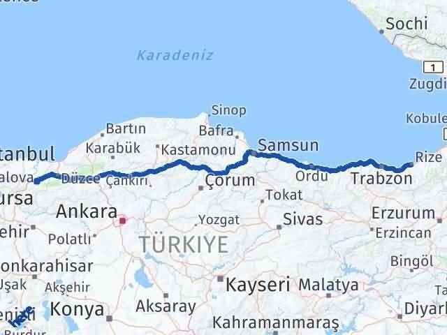 Rize Akyazı Sakarya Arası Kaç Km - Yol Haritası