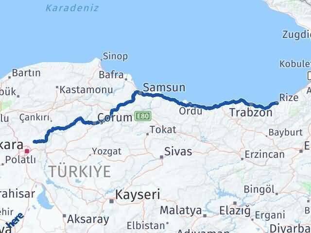 Rize Akyurt Ankara Arası Kaç Km - Yol Haritası