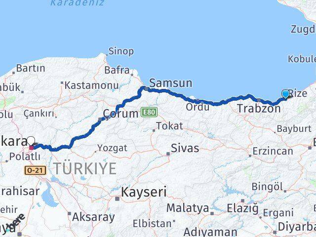 Rize Altındağ Ankara Arası Kaç Km - Yol Haritası