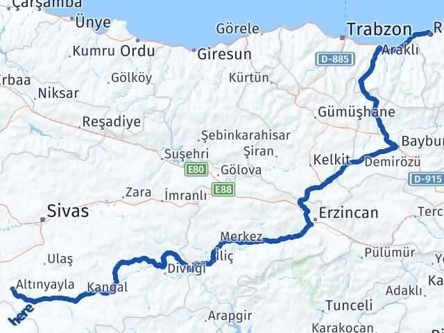 Rize Altınyayla Sivas Arası Kaç Km - Yol Haritası
