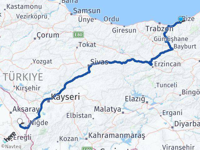 Rize Altunhisar Niğde Arası Kaç Km - Yol Haritası