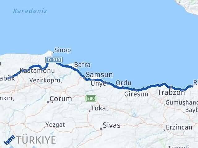 Rize Araç Kastamonu Arası Kaç Km - Yol Haritası