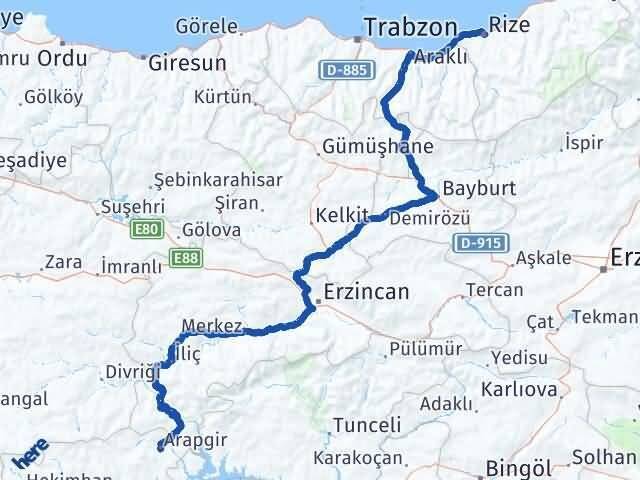 Rize Arapgir Malatya Arası Kaç Km - Yol Haritası