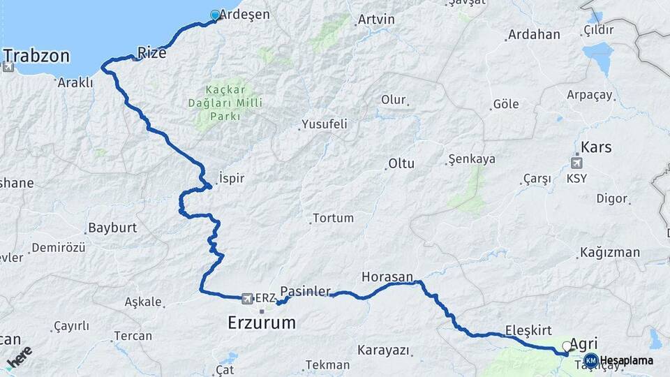 Rize Ardeşen Ağrı Arası Kaç Km - Yol Haritası