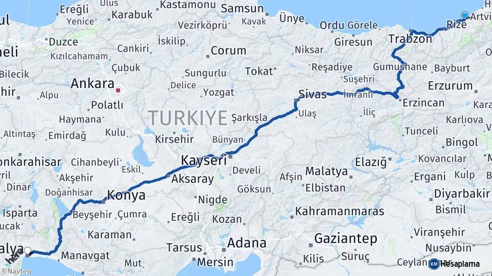 Rize Ardeşen Antalya Arası Kaç Km - Yol Haritası