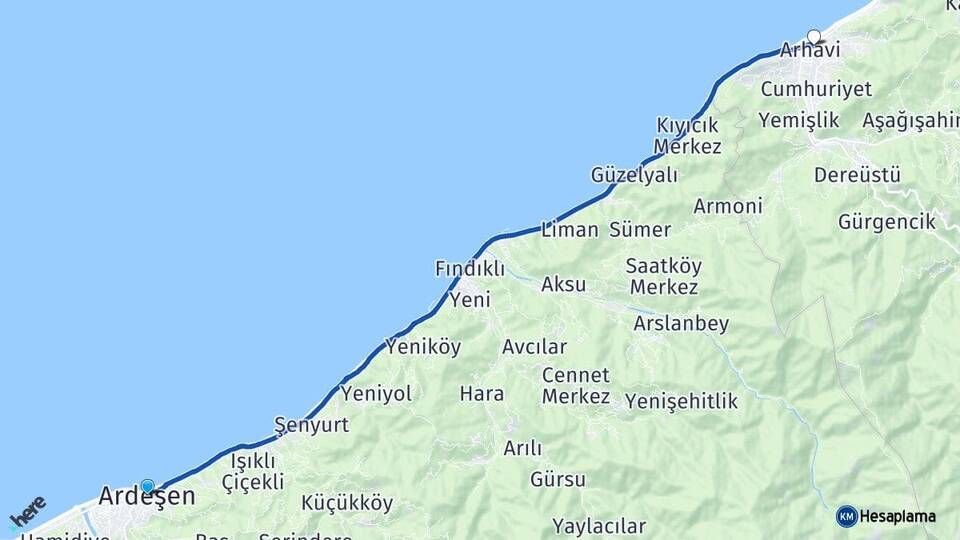 Rize Ardeşen Arhavi Artvin Arası Kaç Km - Yol Haritası