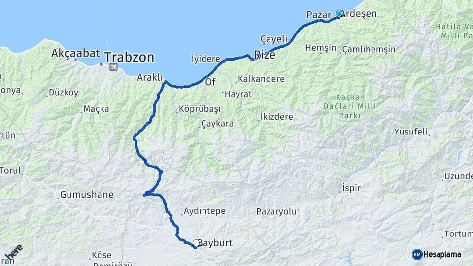 Rize Ardeşen Bayburt Arası Kaç Km - Yol Haritası