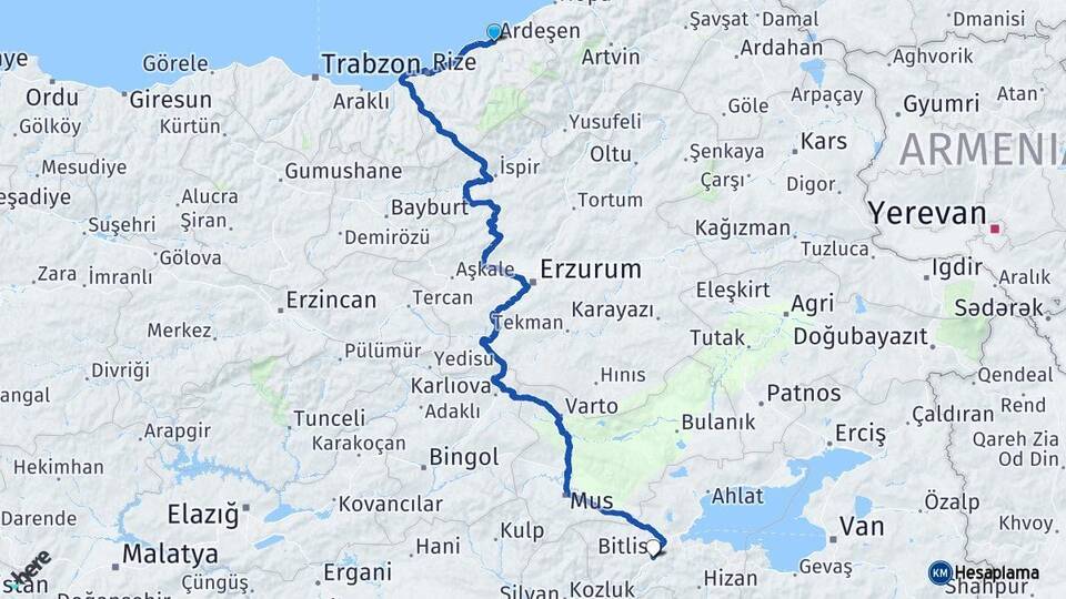 Rize Ardeşen Bitlis Arası Kaç Km - Yol Haritası