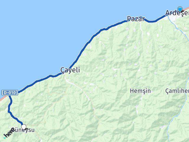 Rize Ardeşen Güneysu Arası Kaç Km - Yol Haritası