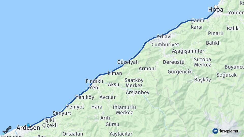 Rize Ardeşen Hopa Artvin Arası Kaç Km - Yol Haritası