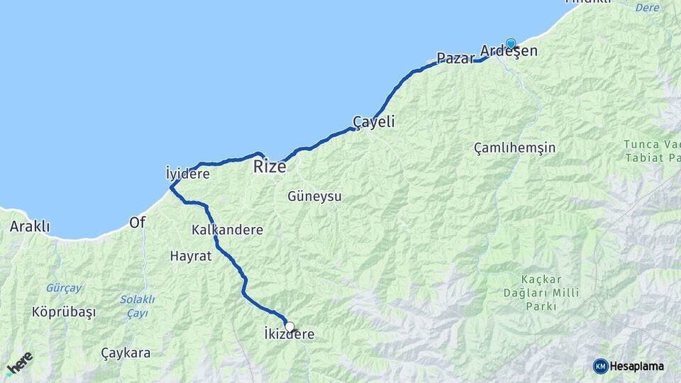 Rize Ardeşen İkizdere Arası Kaç Km - Yol Haritası
