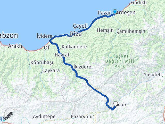 Rize Ardeşen İspir Erzurum Arası Kaç Km - Yol Haritası