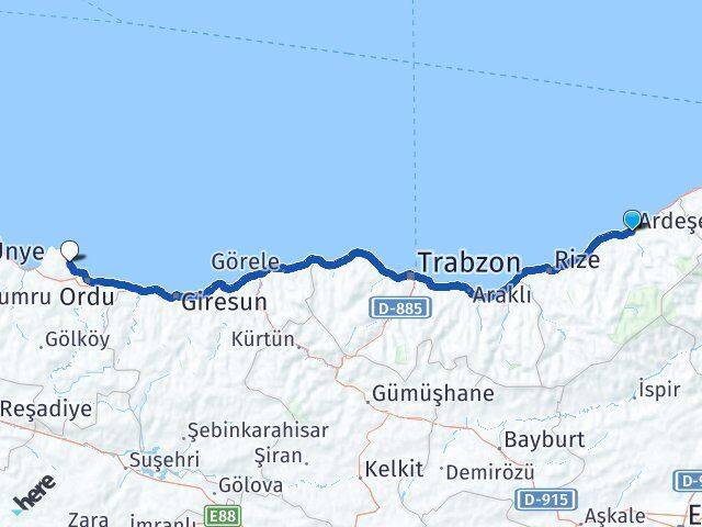 Rize Ardeşen Perşembe Ordu Arası Kaç Km - Yol Haritası