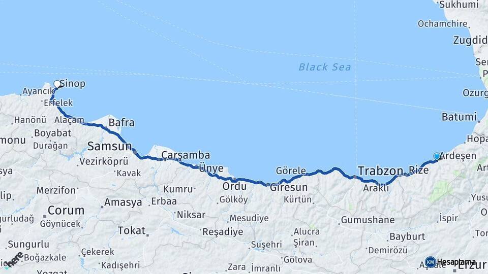 Rize Ardeşen Sinop Arası Kaç Km - Yol Haritası