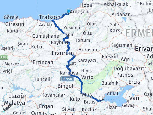 Rize Ardeşen Tatvan Bitlis Arası Kaç Km - Yol Haritası
