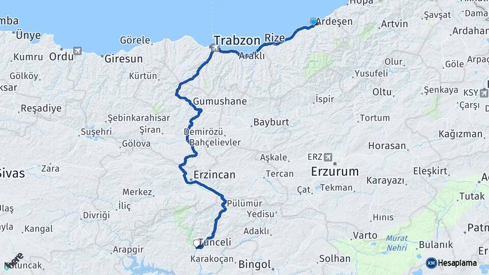 Rize Ardeşen Tunceli Arası Kaç Km - Yol Haritası