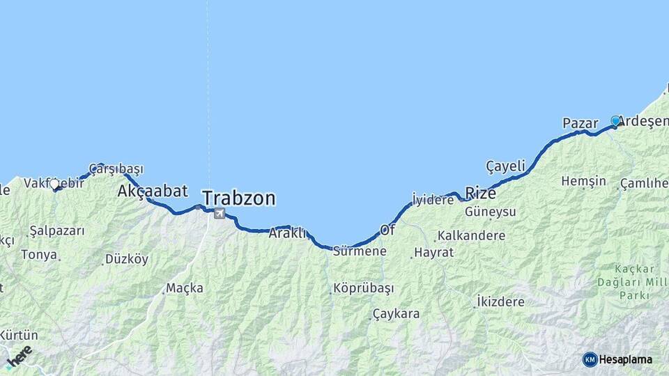 Rize Ardeşen Vakfıkebir Trabzon Arası Kaç Km - Yol Haritası