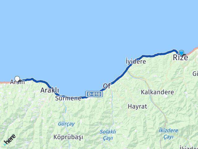 Rize Arsin Trabzon Arası Kaç Km - Yol Haritası