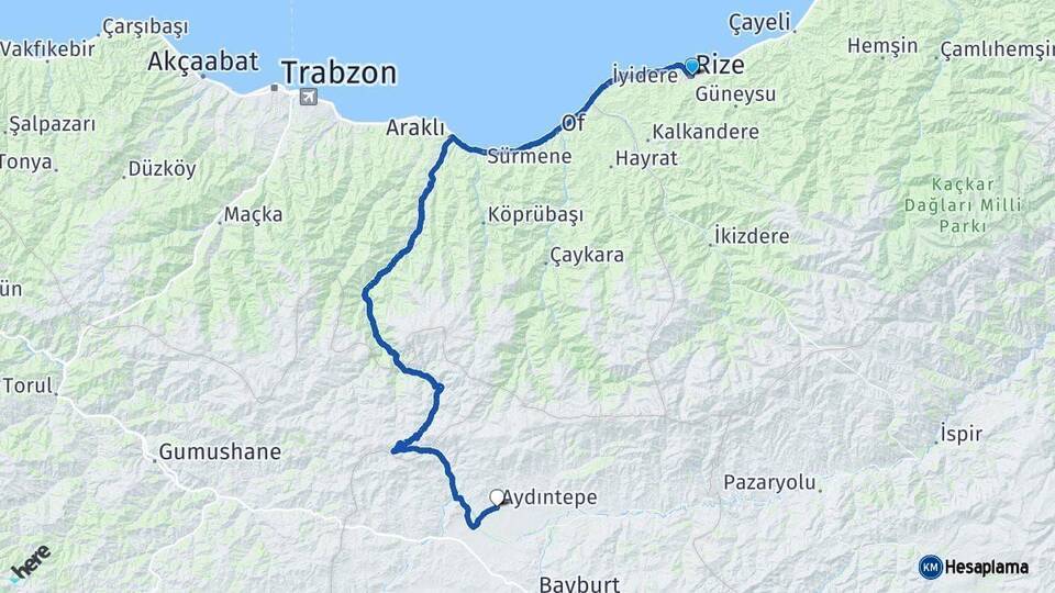 Rize Aydıntepe Bayburt Arası Kaç Km - Yol Haritası