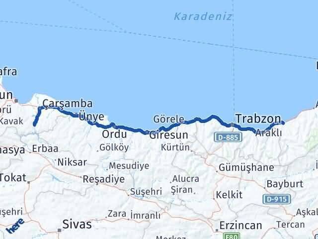 Rize Ayvacık Samsun Arası Kaç Km - Yol Haritası