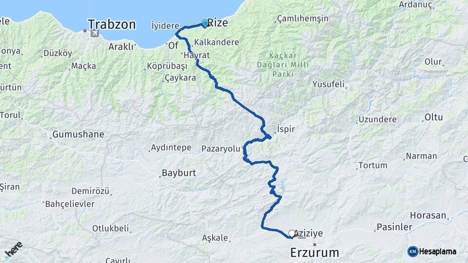 Rize Aziziye Erzurum Arası Kaç Km - Yol Haritası