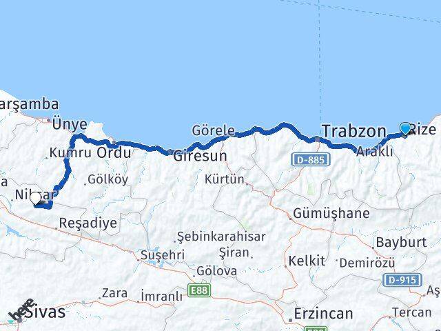 Rize Başçiftlik Tokat Arası Kaç Km - Yol Haritası