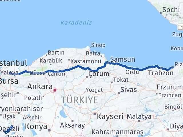 Rize Başiskele Kocaeli Arası Kaç Km - Yol Haritası