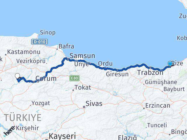 Rize Bayat Çorum Arası Kaç Km - Yol Haritası