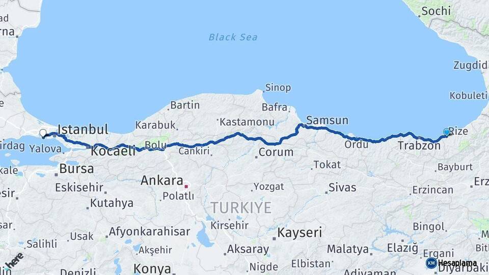 Rize Beylikdüzü İstanbul Arası Kaç Km - Yol Haritası
