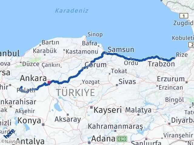 Rize Beylikova Eskişehir Arası Kaç Km - Yol Haritası