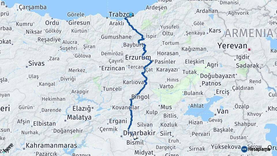 Rize Bismil Diyarbakır Arası Kaç Km - Yol Haritası