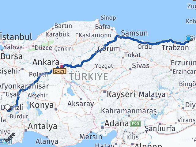 Rize Bozkurt Denizli Arası Kaç Km - Yol Haritası