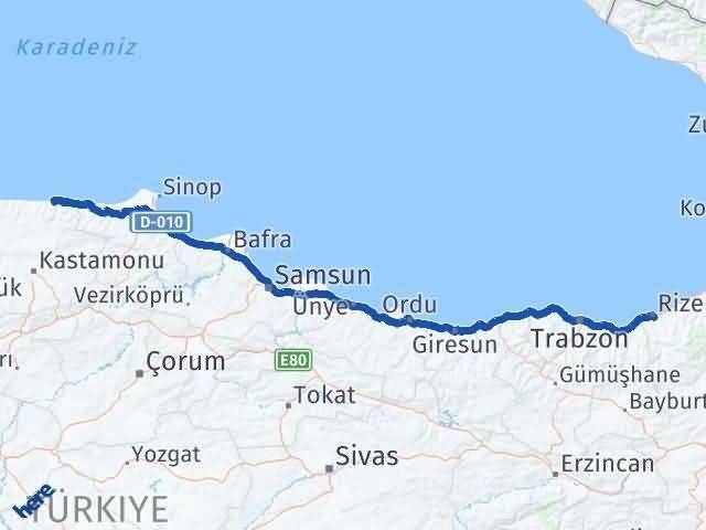 Rize Bozkurt Kastamonu Arası Kaç Km - Yol Haritası