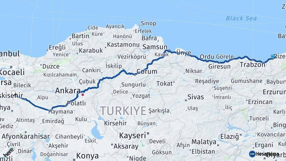 Rize Bozüyük Bilecik Arası Kaç Km - Yol Haritası