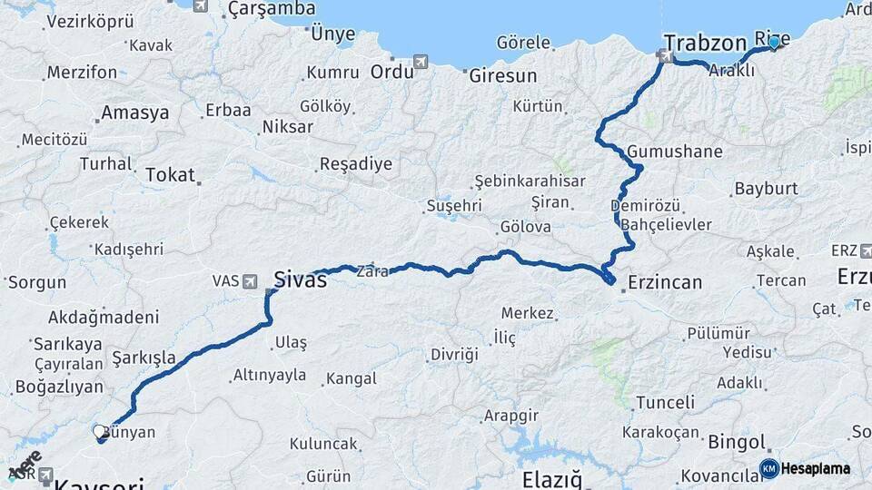 Rize Bünyan Kayseri Arası Kaç Km - Yol Haritası