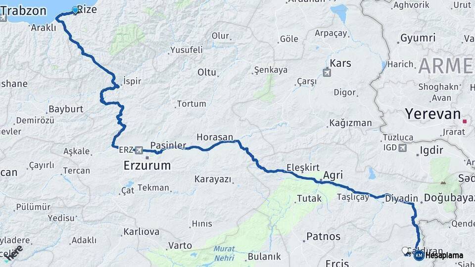 Rize Çaldıran Van Arası Kaç Km - Yol Haritası