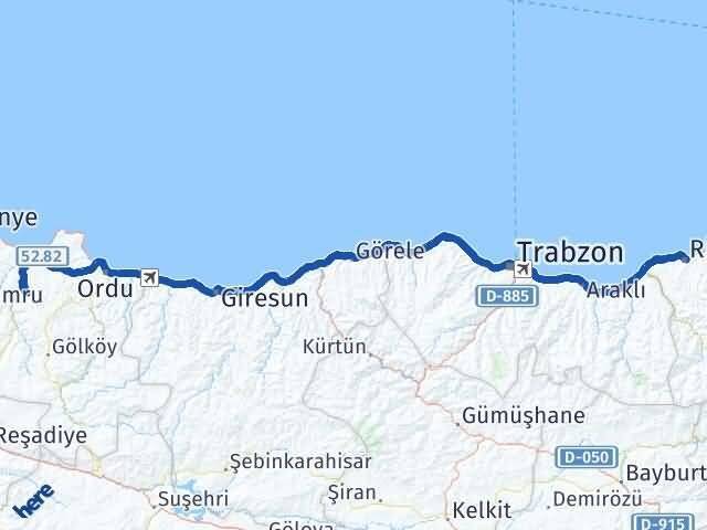 Rize Çamaş Ordu Arası Kaç Km - Yol Haritası