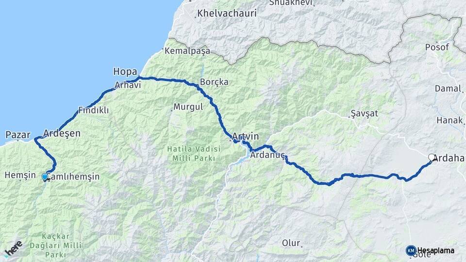 Rize Çamlıhemşin Ardahan Arası Kaç Km - Yol Haritası