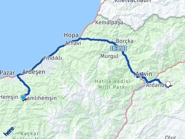 Rize Çamlıhemşin Ardanuç Artvin Arası Kaç Km - Yol Haritası