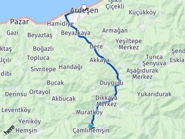 Rize Çamlıhemşin Ardeşen Arası Kaç Km - Yol Haritası