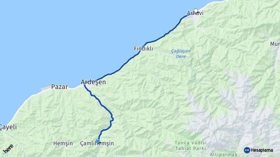 Rize Çamlıhemşin Arhavi Artvin Arası Kaç Km - Yol Haritası