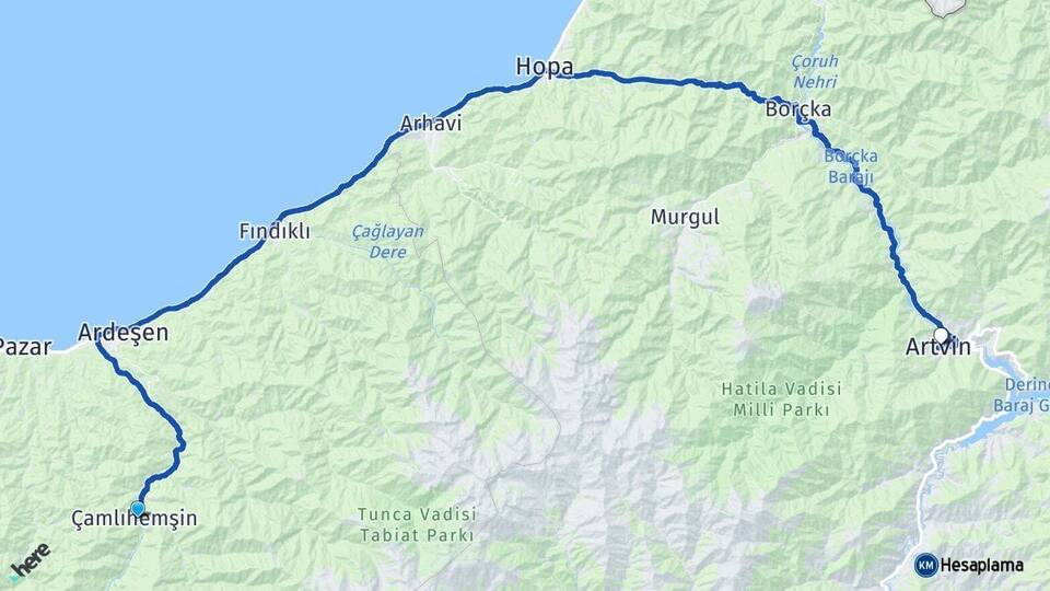 Rize Çamlıhemşin Artvin Arası Kaç Km - Yol Haritası