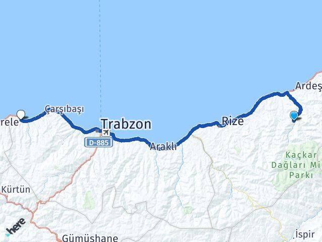 Rize Çamlıhemşin Beşikdüzü Trabzon Arası Kaç Km - Yol Haritası