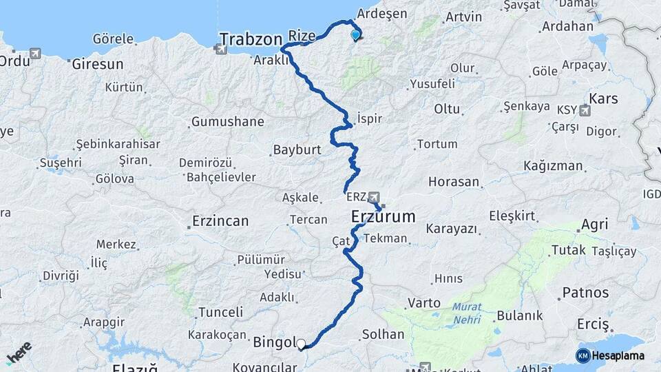 Rize Çamlıhemşin Bingöl Arası Kaç Km - Yol Haritası
