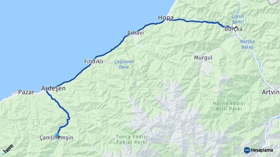 Rize Çamlıhemşin Borçka Artvin Arası Kaç Km - Yol Haritası