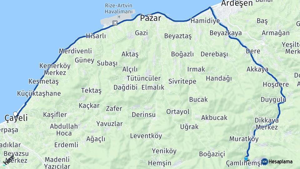 Rize Çamlıhemşin Çayeli Arası Kaç Km - Yol Haritası
