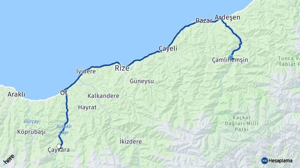 Rize Çamlıhemşin Çaykara Trabzon Arası Kaç Km - Yol Haritası