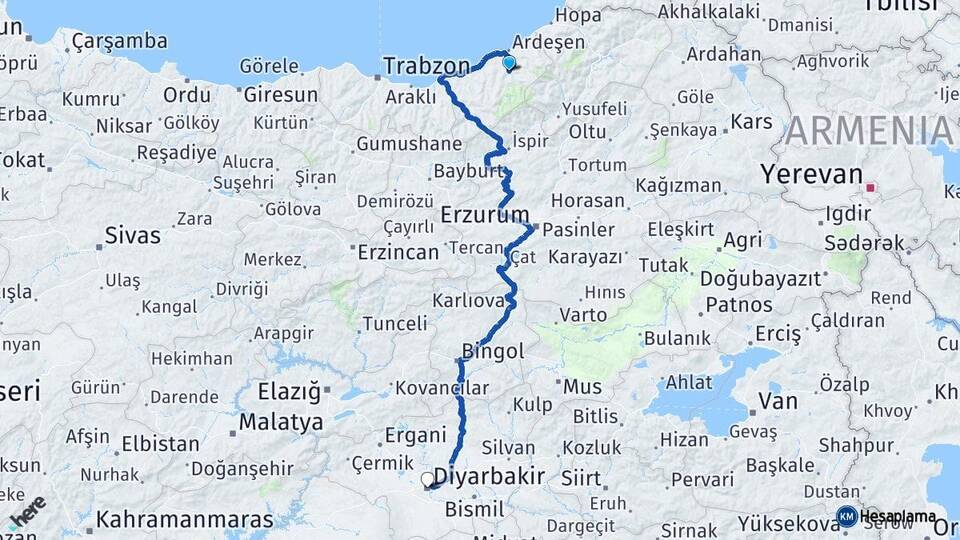 Rize Çamlıhemşin Diyarbakır Arası Kaç Km - Yol Haritası